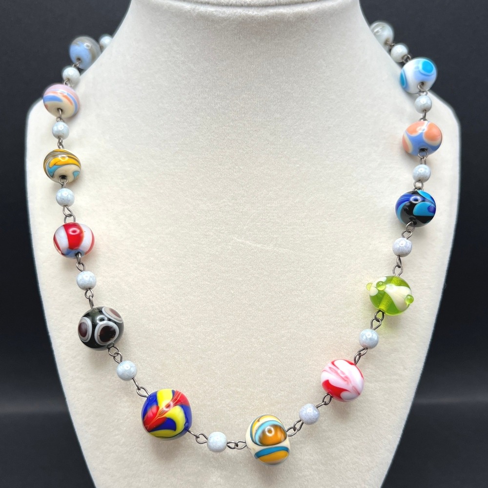 Vintage Beaded Necklace Lampwork Art Glass Multicolor Marbled 20" - Picture 1 of 10